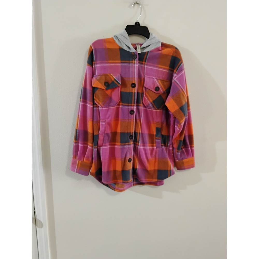 Zenana Women Plaid Hooded Flannel Shirt Jacket Pink Orange Shacket Small